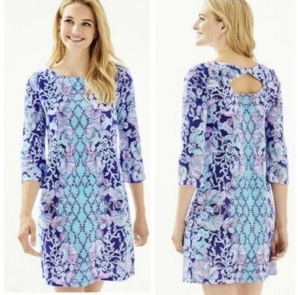Lilly Pulitzer BAY DRESS Lapis Lazuli Your Biggest Fan Pink White Blue small 3/4